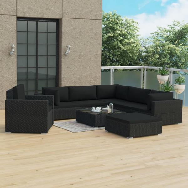ARDEBO.de - 8-tlg. Garten-Lounge-Set mit Auflagen Poly Rattan Schwarz