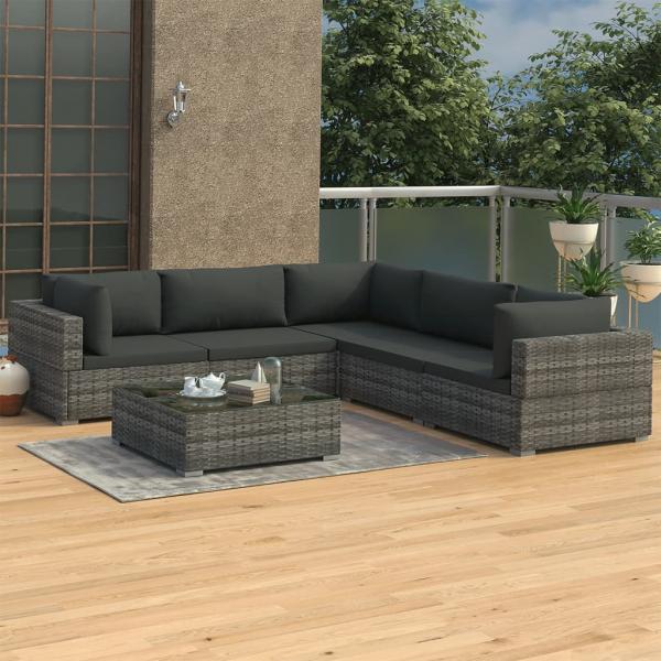 ARDEBO.de - 6-tlg. Garten-Lounge-Set mit Auflagen Poly Rattan Grau