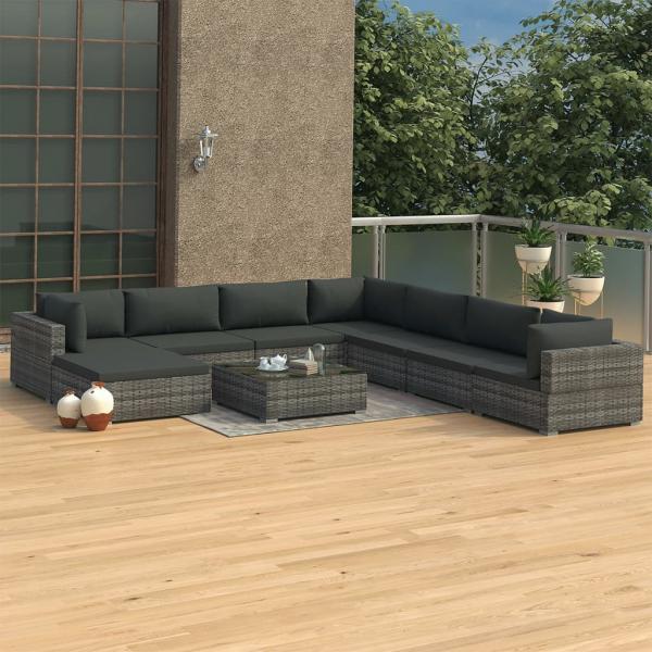 ARDEBO.de - 9-tlg. Garten-Lounge-Set mit Auflagen Poly Rattan Grau