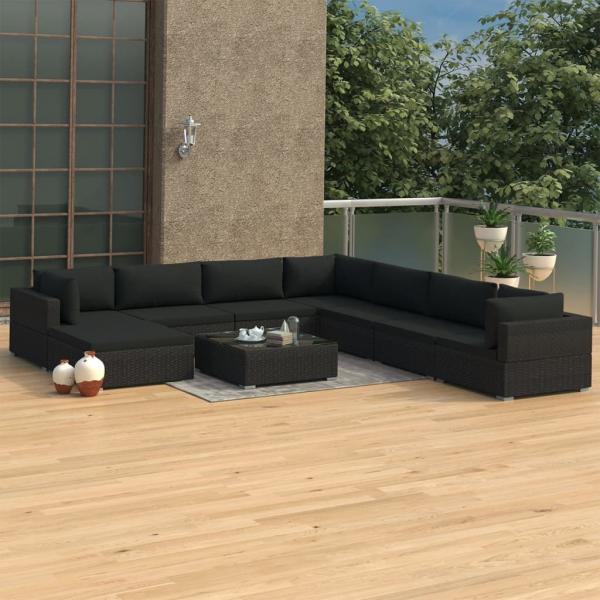 ARDEBO.de - 9-tlg. Garten-Lounge-Set mit Auflagen Poly Rattan Schwarz