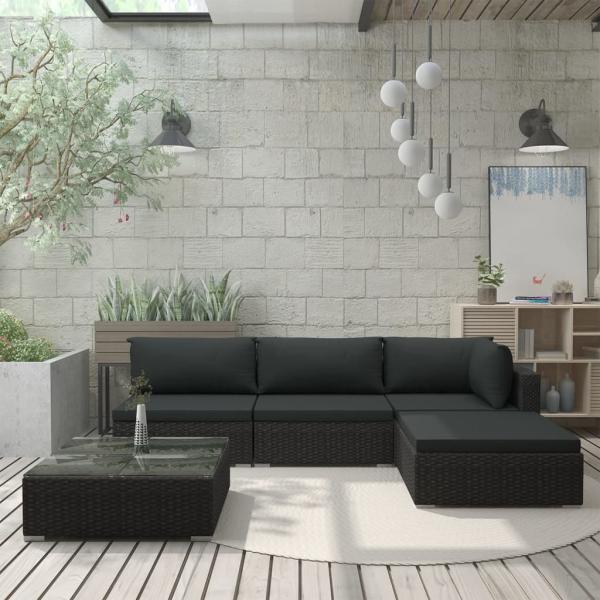 ARDEBO.de - 5-tlg. Garten-Lounge-Set mit Auflagen Poly Rattan Schwarz