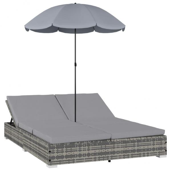 Outdoor-Loungebett mit Sonnenschirm Poly Rattan Grau
