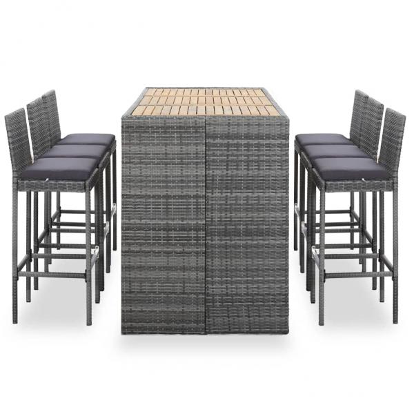 7-tlg. Gartenbar-Set mit Auflagen Poly Rattan Grau