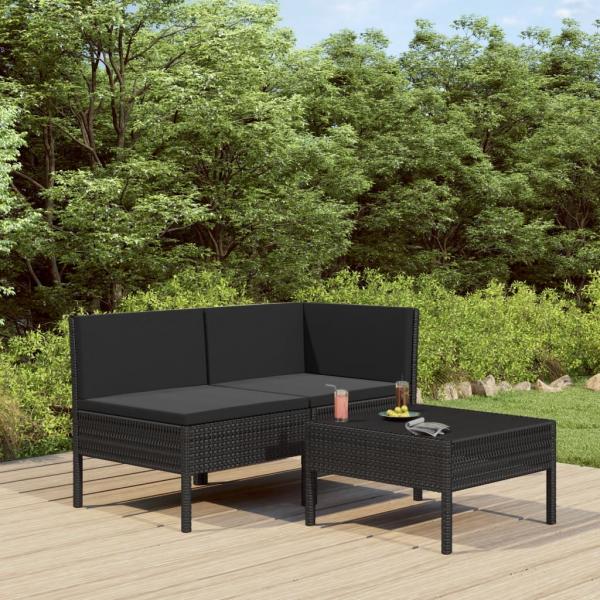 ARDEBO.de - 3-tlg. Garten-Lounge-Set mit Auflagen Poly Rattan Schwarz