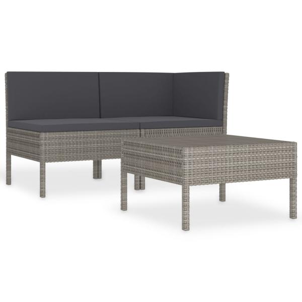 3-tlg. Garten-Lounge-Set mit Auflagen Poly Rattan Grau