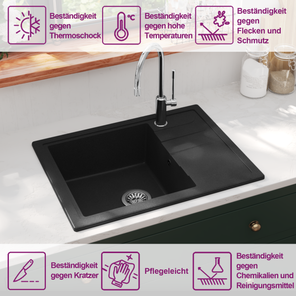 Küchenspüle mit Überlauf Oval Schwarz Granit