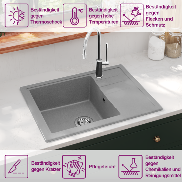 Küchenspüle mit Überlauf Oval Grau Granit