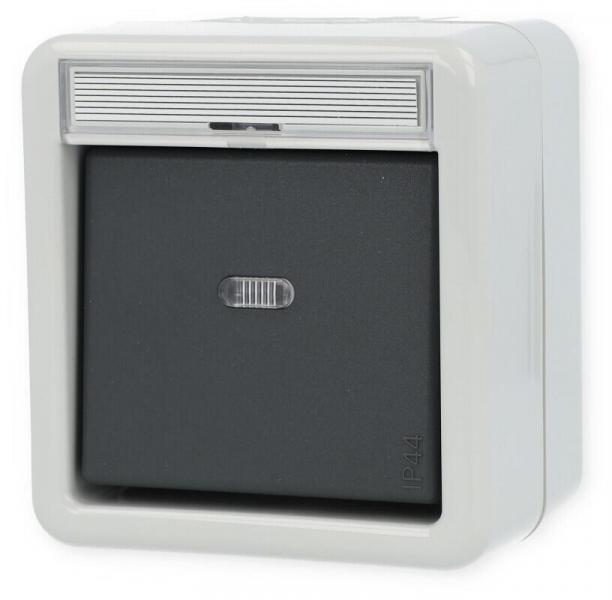 ARDEBO.de Gira 011230 Wipp-Kontrollschalter 10 A 250 V~ mit Beschriftungsfeld und Glimmlampenelement Ausschalter 2polig, Wassergeschützt Aufputz System (IP 44), Grau