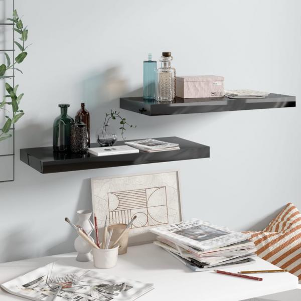 ARDEBO.de - Schweberegale 2 Stk. Hochglanz-Schwarz 60x23,5x3,8 cm MDF