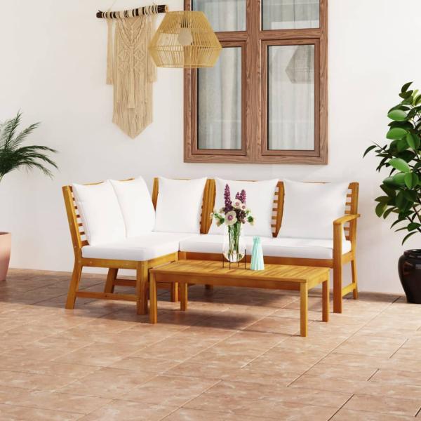 4-tlg. Garten-Lounge-Set mit Auflagen Creme Massivholz Akazie