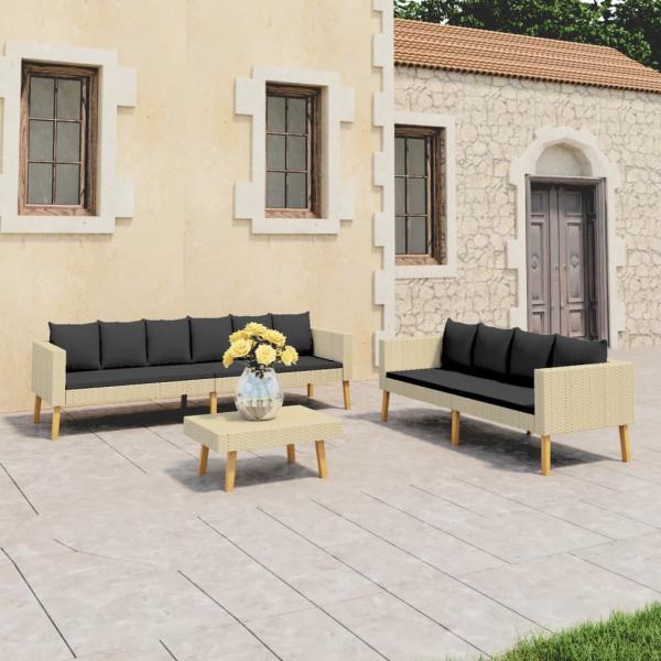 3-tlg. Garten-Lounge-Set mit Auflagen Poly Rattan Beige