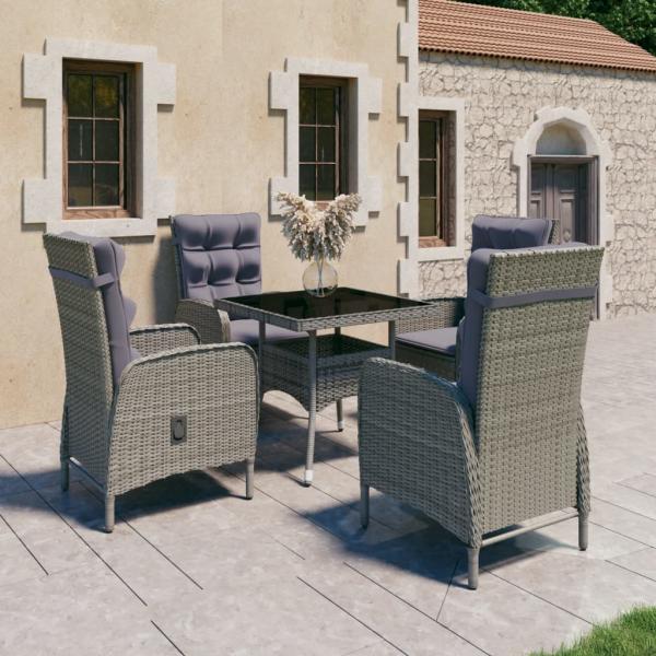ARDEBO.de - 5-tlg. Garten-Essgruppe Poly Rattan und Glas Grau
