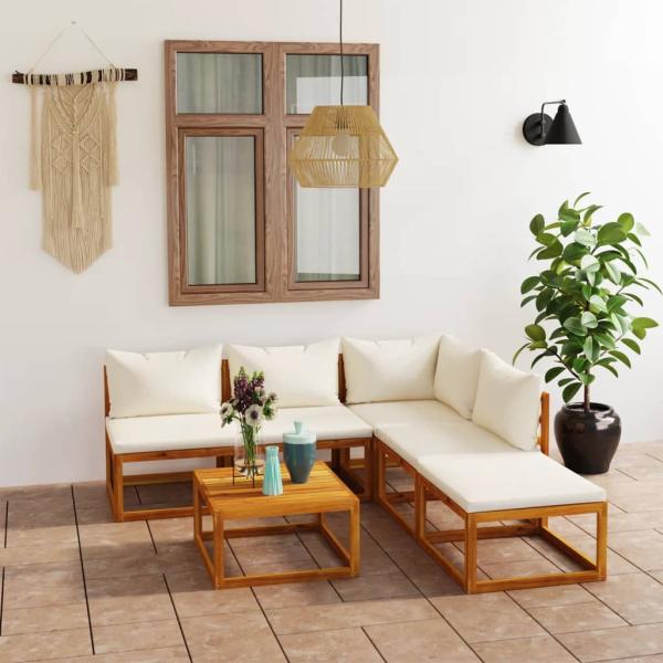 6-tlg. Garten-Lounge-Set mit Auflagen Creme Massivholz Akazie