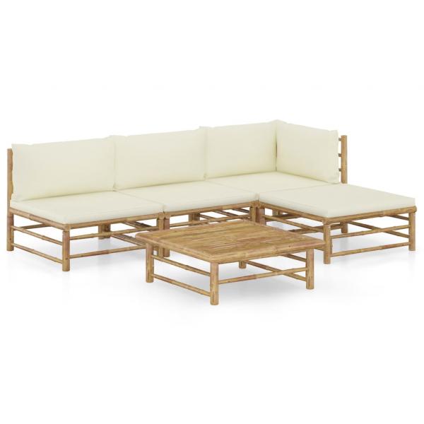 ARDEBO.de - 5-tlg. Garten-Lounge-Set mit Cremeweißen Kissen Bambus