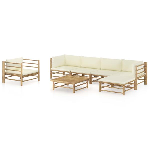 7-tlg. Garten-Lounge-Set mit Cremeweißen Kissen Bambus