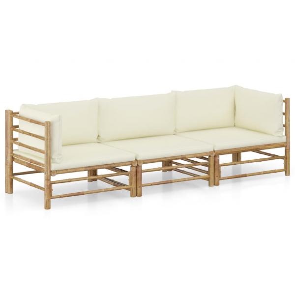 ARDEBO.de - 3-tlg. Garten-Lounge-Set mit Cremeweißen Kissen Bambus