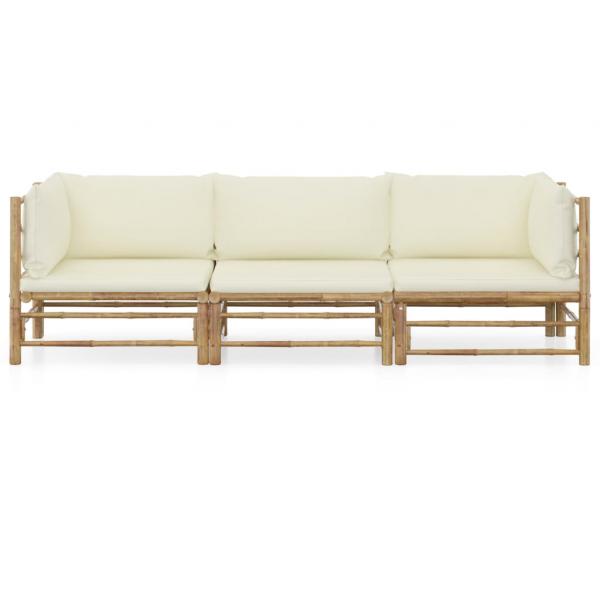 3-tlg. Garten-Lounge-Set mit Cremeweißen Kissen Bambus