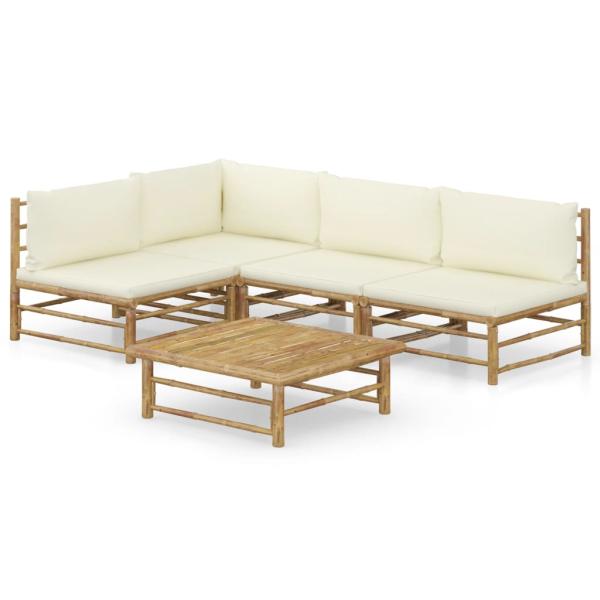 5-tlg. Garten-Lounge-Set mit Cremeweißen Kissen Bambus