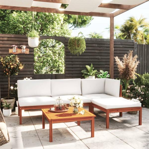 5-tlg. Garten-Lounge-Set mit Kissen Cremeweiß Massivholz Akazie