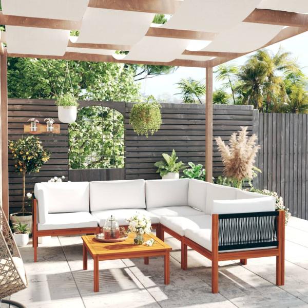 6-tlg. Garten-Lounge-Set mit Kissen Cremeweiß Massivholz Akazie