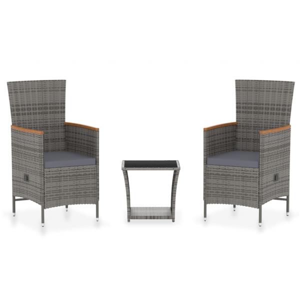 3-tlg. Garten-Lounge-Set mit Kissen Poly Rattan Grau