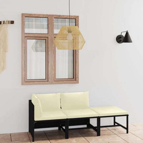 ARDEBO.de - 3-tlg. Garten-Lounge-Set mit Kissen Poly Rattan Schwarz