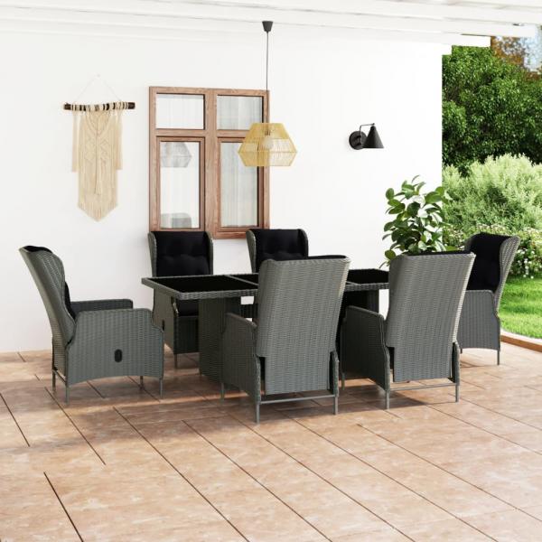 ARDEBO.de - 7-tlg. Garten-Essgruppe mit Auflagen Poly Rattan Hellgrau