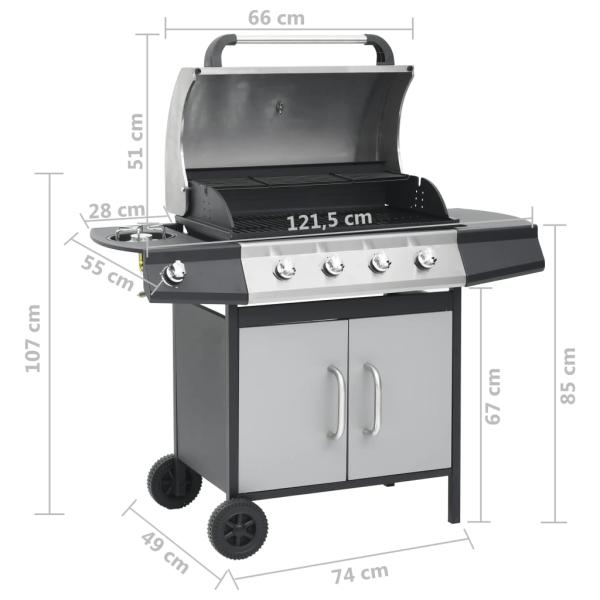 Gasgrill 4+1 Flammen Schwarz und Silbern Stahl & Edelstahl 