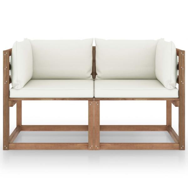 Garten-Palettensofa 2-Sitzer mit Kissen in Creme Kiefernholz