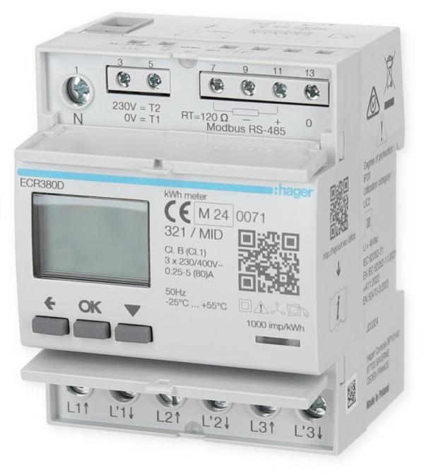 Hager ECR380D Energiezähler 3phasig, direkt 80A, 4M, MODBUS, MID