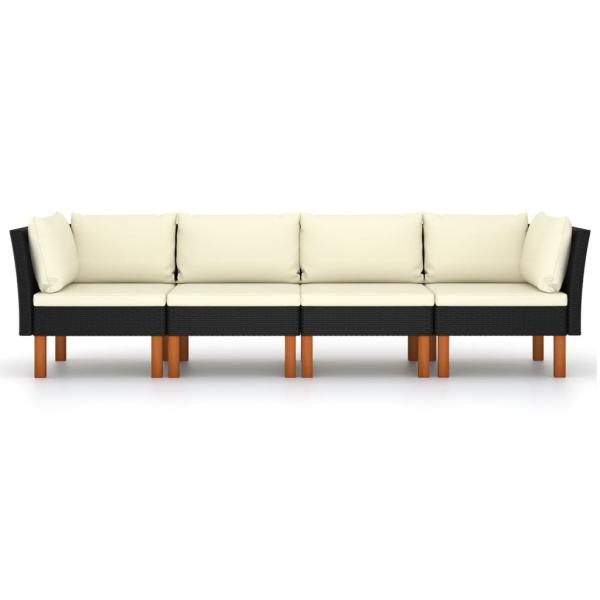 4-Sitzer-Gartensofa mit Kissen Schwarz Poly Rattan