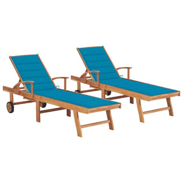 ARDEBO.de - Sonnenliegen 2 Stk. mit Auflagen Blau Massivholz Teak