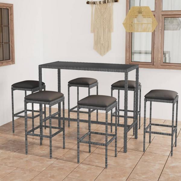 ARDEBO.de - 7-tlg. Gartenbar-Set mit Kissen Poly Rattan Grau