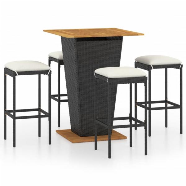 5-tlg. Gartenbar-Set mit Kissen Poly Rattan Schwarz