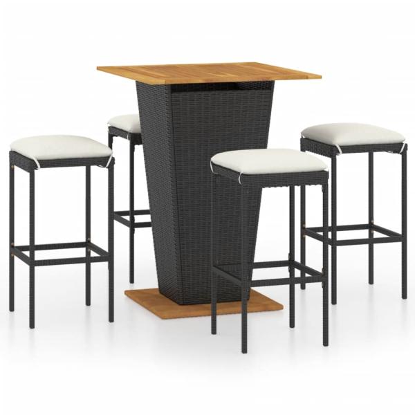 5-tlg. Gartenbar-Set mit Kissen Poly Rattan Schwarz
