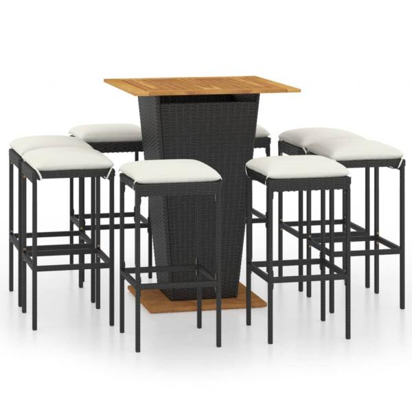 9-tlg. Gartenbar-Set mit Kissen Poly Rattan Schwarz