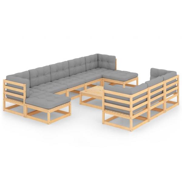 11-tlg. Garten-Lounge-Set mit Kissen Kiefer Massivholz