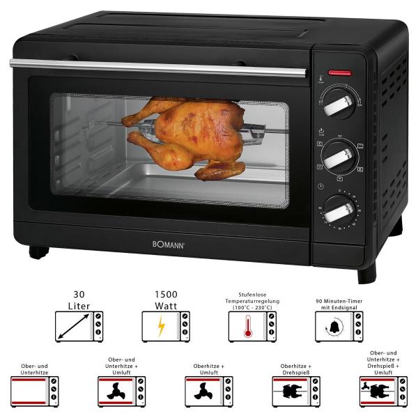 Bomann MBG 6023 CB Multi- Mini Backofen, 1500 W, 30L, 6 Stufen, Umluft, schwarz (660231)