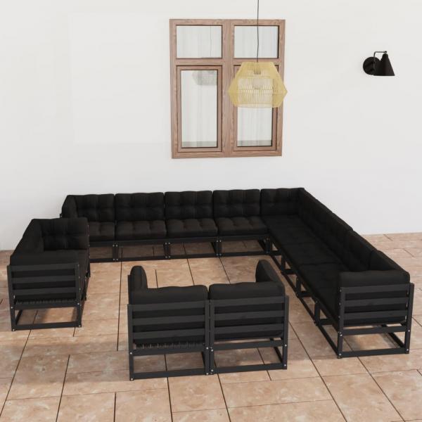 ARDEBO.de - 13-tlg. Garten-Lounge-Set mit Kissen Schwarz Massivholz Kiefer