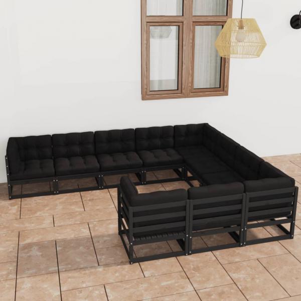 ARDEBO.de - 10-tlg. Garten-Lounge-Set mit Kissen Schwarz Massivholz Kiefer