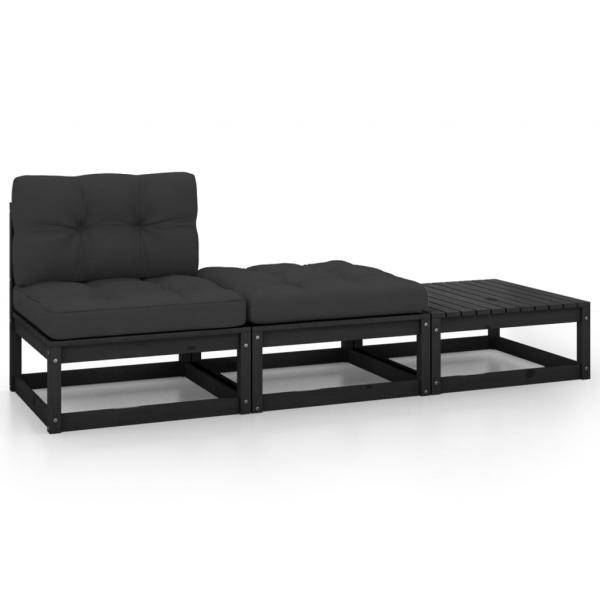 ARDEBO.de - 3-tlg. Garten-Lounge-Set mit Kissen Schwarz Kiefer Massivholz