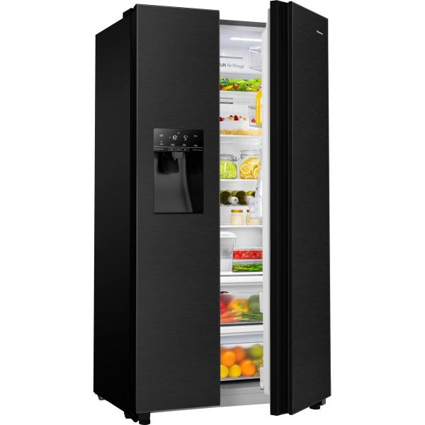 Hisense RS694N4TFE Side by Side Kühl-Gefrierkombination, 91 cm breit, 562 L, NoFrost, Crushed Ice + Eiswürfelbereiter, Wasserspender, Wassertank, schwarz
