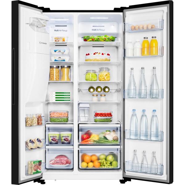 Hisense RS694N4TFE Side by Side Kühl-Gefrierkombination, 91 cm breit, 562 L, NoFrost, Crushed Ice + Eiswürfelbereiter, Wasserspender, Wassertank, schwarz