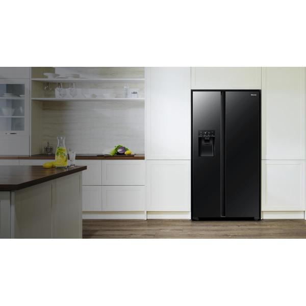 Hisense RS694N4TFE Side by Side Kühl-Gefrierkombination, 91 cm breit, 562 L, NoFrost, Crushed Ice + Eiswürfelbereiter, Wasserspender, Wassertank, schwarz