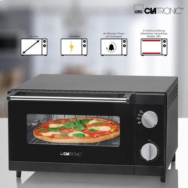 Clatronic MPO 3520 Multi Pizza-Ofen, 1000 W, 12 Liter Backraum, Ober- und Unterhitze, schwarz