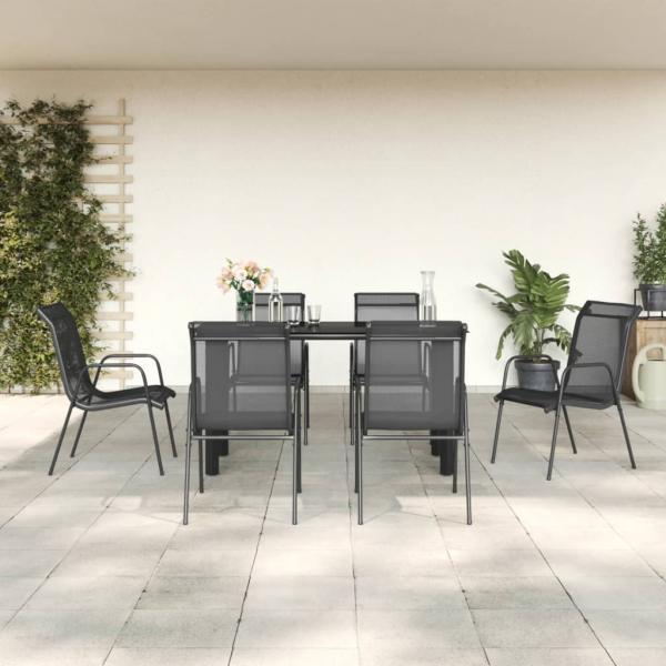 ARDEBO.de - 7-tlg. Garten-Essgruppe Schwarz Stahl und Textilene