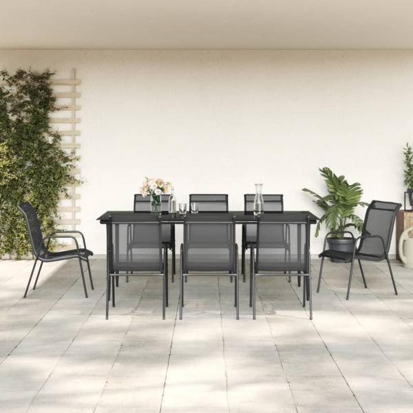 ARDEBO.de - 9-tlg. Garten-Essgruppe Schwarz Stahl und Textilene