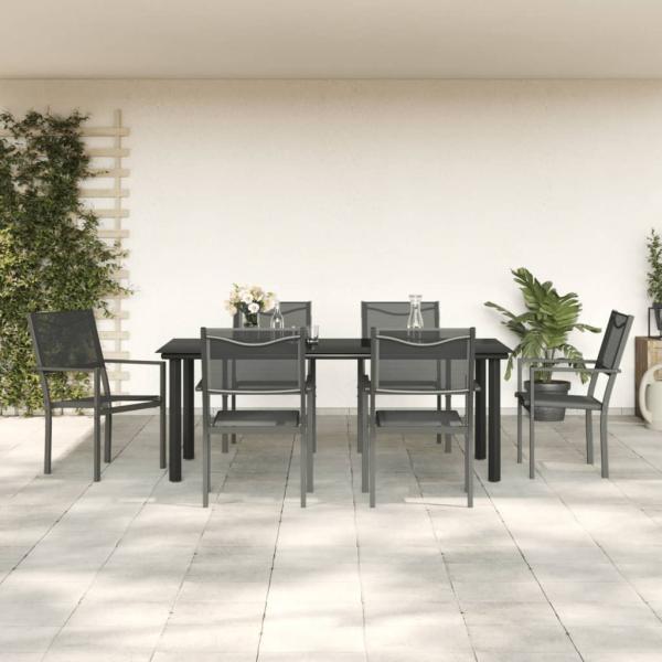 ARDEBO.de - 7-tlg. Garten-Essgruppe Schwarz Stahl und Textilene
