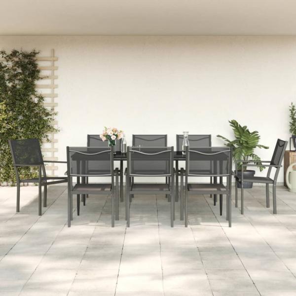ARDEBO.de - 9-tlg. Garten-Essgruppe Schwarz Stahl und Textilene