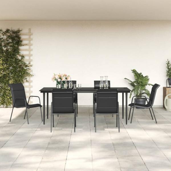 ARDEBO.de - 7-tlg. Garten-Essgruppe Schwarz Stahl und Textilene